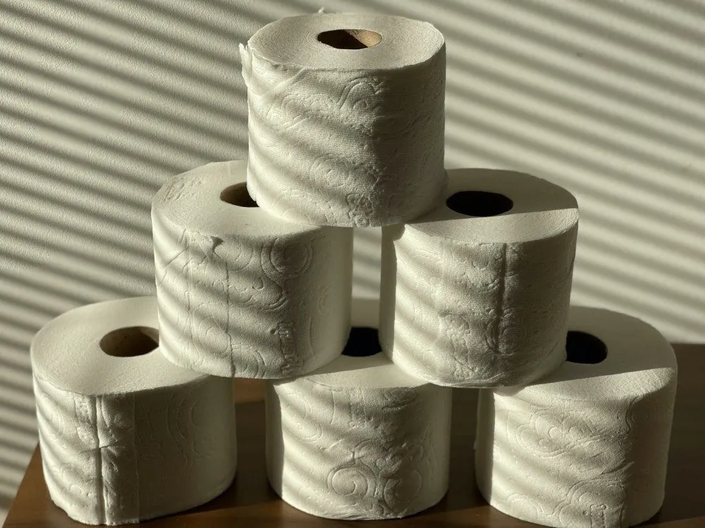 A pyramid of rolled toilet paper