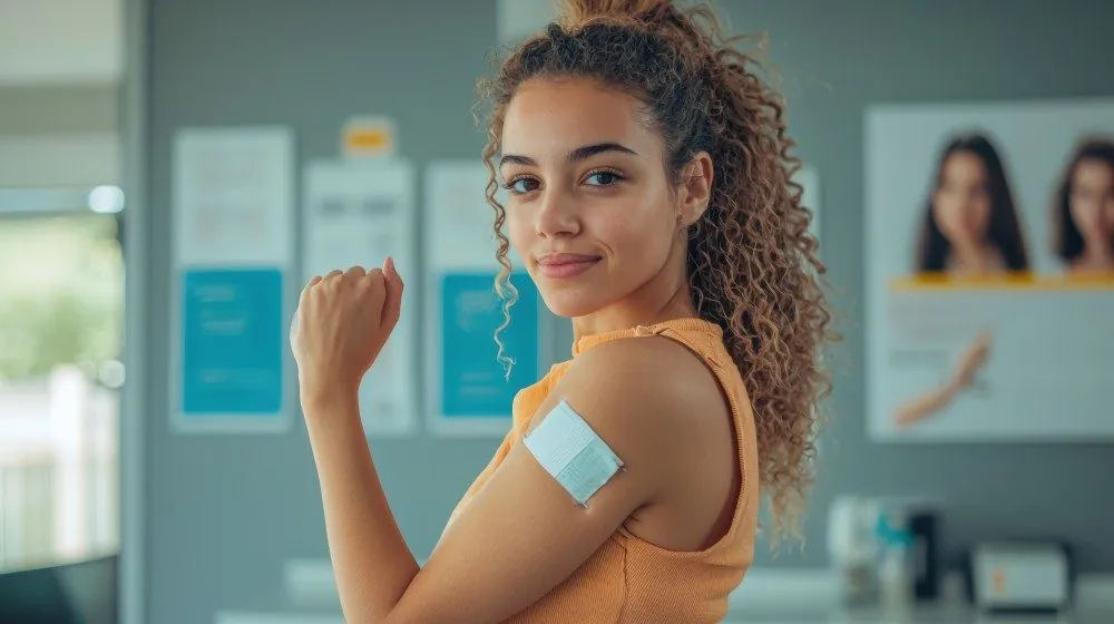 A young woman showing a small bandage on her upper arm after a contraceptive implant