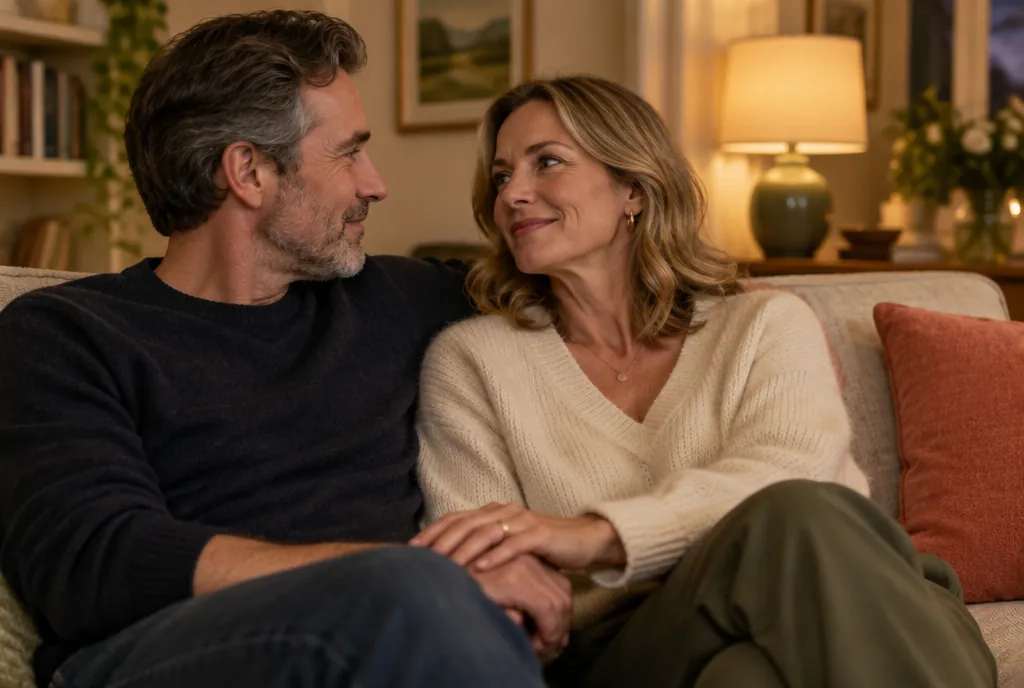 A couple in their fifties sitting close together on a sofa, talking in warm evening light
