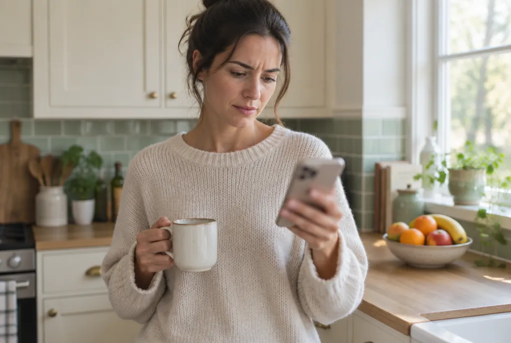 A woman in her kitchen reading a message on her phone with a coffee in her other hand