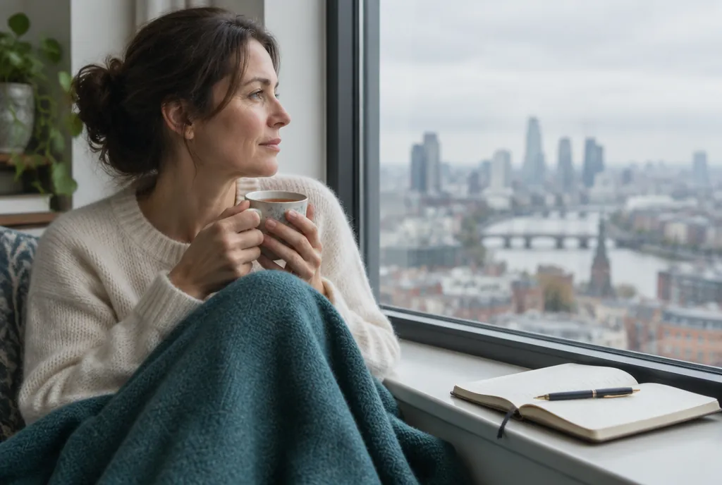 A woman sitting by a city window with a mug of tea and an open notebook