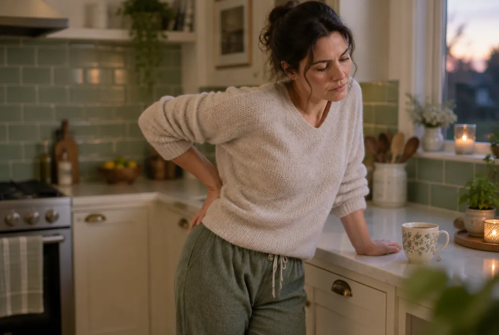 A woman standing at her kitchen counter at the end of the day, one hand pressed to her lower back