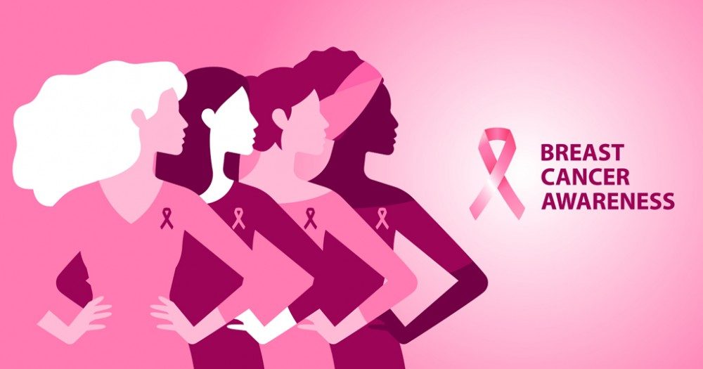 An illustration of women's silhouettes in pink with a breast cancer awareness ribbon