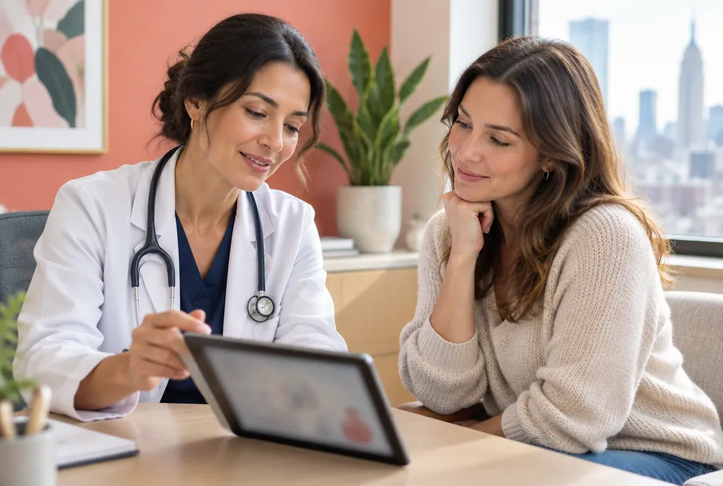 A gynecologist showing a patient her results on a tablet in a bright consultation room