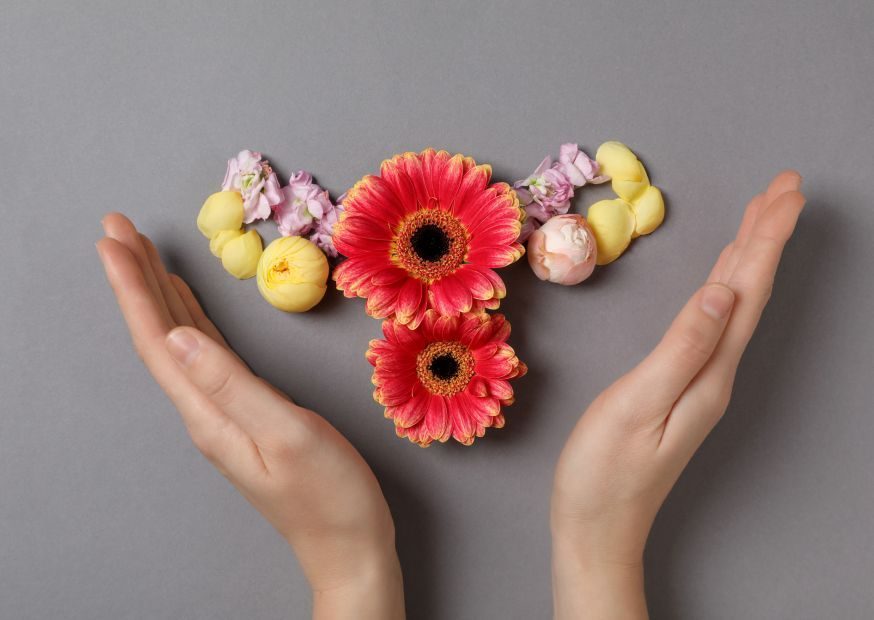 Hands cupped around flowers arranged in the shape of a uterus and ovaries